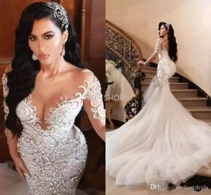 2022 Luksusowe Suknie Ślubne Mermaid Dubai Sparkly Kryształy Długie Rękawy Suknie Ślubne Suknia Trunek Tulle Spódnica Szata De Mariée DHL