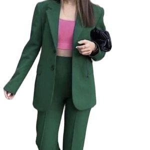 レディースツーピースパンツグリーン女性バシスーツジャケットワンボタンノッチラペルスリムレディブレザーズボンセットオフィスの女性衣料品