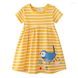 Mädchenkleider Jumping Meters Gelb Weiß Gestreiftes Cartoon-Kleid Applikation Ein süßer Vogel Kurze Ärmel Sommerkleidung Verkauf von Prinzessin DressGi