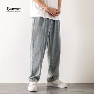 Koreanska klassiska ljus jeans mens byxor denim sommar tunna raka rör elastiska midje golv byxor lös ruffian nödsessed 220328