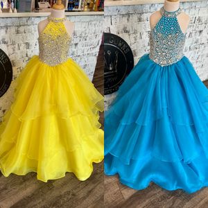 Halter Kız Pageant Elbise 2023 Balgown Kristaller Boncuklu Organza Çocuk Doğum Günü Resmi Parti Gown Toddler Gençler Preteen Küçük Miss Misser Bicker Fırlatma Etek