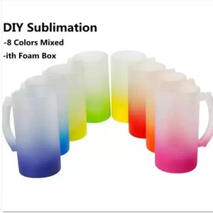 8 Ombre-Farben, Sublimation, mattiert, 473 ml, Glasbecher mit Farbverlauf, Bodenrohlinge, Wärmeübertragungsdruck, transparente Whisky-Wasserflasche, DIY-Becher C0608G02