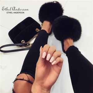 Ethel Anderson Moda Gerçek Raccoon Slaytlar Terlik Yaz Flip Flops Sıradan Kürk Sandals Vogue Peluş Ayakkabı Y200423 Gai Gai Gai