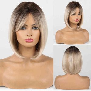 Nxy Wigs Short Straight Bob Synthetic s with Bangs for Women Cosplay Afro Ombre Black Brown Blonde Party Daily Heat Resistant Hair 220528