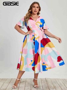 Gibsie Plus Size Surplice Neck Print Long Dress Woman Casual Summer Summer Summer Boho Aline Aline Aline Swing Dresses with Belt L220601