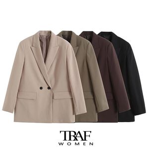 TRAF女性ファッションダブル胸肉のゆるいブレザーコートビンテージ長袖ポケットメスシックベストフェム220812