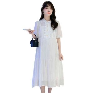 Maternidade Roupas de verão Manga curta Baixa de retalhos Button Fly Greatin Women Dress Aline Doces Princess Dressos White J220628