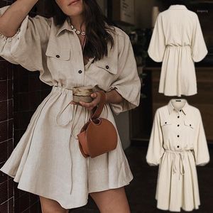 Casual Dresses Three-Quarter Sleeve Women Shirt Dress Solid Color Plus Size Lose Autumn Vintage Butt Belt Female Mini Vestido