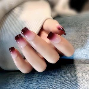 False Nails 24Pcs set Ladies Fake With Glue Full Cover Tips Finger Wine Red Gradient Solid Color Acrylic Nail Faux OngleFalse