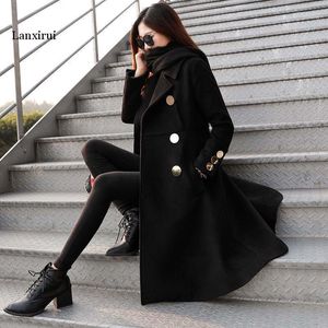 Korean Women's Black Woolen Coat Autumn Winter Long Slim Bouble Breasted Outwear Female Wool Overcoat Jacket1