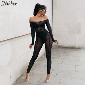 Nibber Body Sexy Bodysuit Seethrough Mesh Longsleeve Twopeece Set Summer Slash Neck High Leggings Bar Carnival Speept T200603