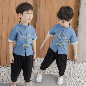 Ethnische Kleidung Baby Jungen Chinesische Traditionelle Kleidung Sommer Druck Tang Anzug Baumwolle Mantel Kurzarm Hemd Lose Hanfu Tops Hosen 3 farben