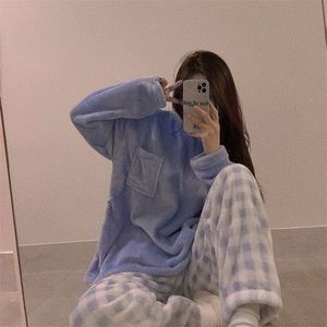 QWEEK VELVET PAJAMA WOMAN WINTER KOREAN STYLE PLAID PANTS FLANNEL TWO PIECE HOME COLOSS PAJAMAS OUNSOUS SUIT