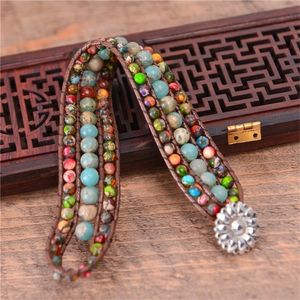 Drop Women Boho Three Layer Round Shape Emperor Stone Single Leather Wrap Friendship Beaded Armband Y200918