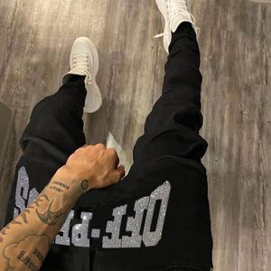 Men's Jeans Men Black Ripped Trend All-match Street Comfortable Trousers Skinny Destroyed Stretch Rhinestone Letters Punk Denim Pants