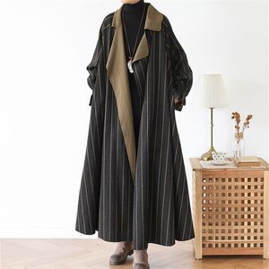 Striped Long Maxi Windbreaker Women Long Sleeve Wool Trench Coat Female Korean Fashion Loose Autumn Oversized Coat 201215