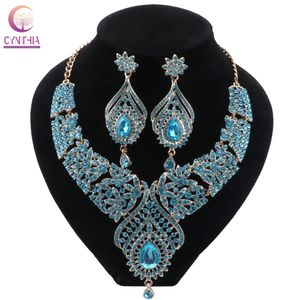 Set di orecchini con collana a goccia d'acqua con strass in cristallo blu color oro Set di gioielli da sposa africani