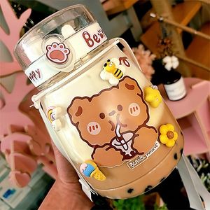 1300ml Kawaii Milk Tea Bear Bottle With Straw Outdoor Sport Large Capacity Plastic Drinking Water Bottle Double Drink Juice Cups 220307