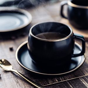 MUZITY Ceramic Coffee Cup and Saucer Black Pigmented Porcelain Tea Set with Stainless Steel 304 Spoon Y200107