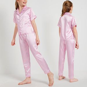 Oscuro De Seda Rojo Rosas al por mayor-Vieeoease Girls Pajamas Children Clothing Summer Fashion Silk Stripe Trabajo Osciente Camisa Pant piezas