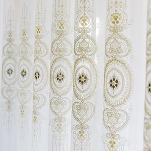 Curtain & Drapes Gold Thread Geometric Embroidered Sheer Gauze Tulle Curtains For Living Room White Nordic Embroidery X-HM082#20Curtain Curt