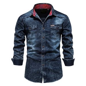 Aiopeson 100% Bomull Slim Fit Denim T Shirts Män Casual Solid Färg Långärmad Mens Jeans Skjorta Höst Mode Skjorta För Män 220401