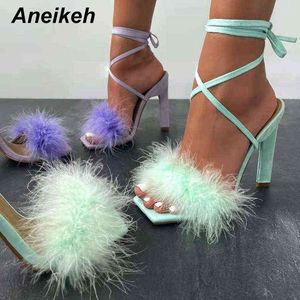 Sandały Aneikeh New Summer Flock Wąski zespół Buty Damskie Buty Kostki Pasek Cienkie Obcasy Squared Toe Party Solidna Moda Rozmiar 35-42 220331