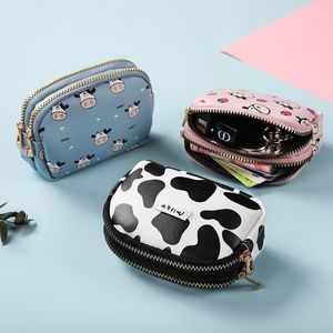 100pcs Coin Purses Women PU Cartoon Cow Prints Double Zipper Decoration Short Credit Card Holder Wallet