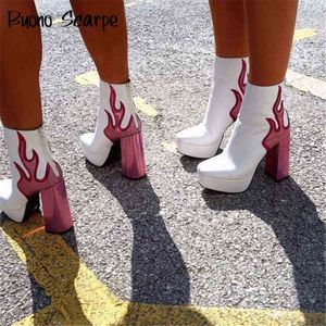 Пламя Ботильоны на высоком каблуке Платформа Блочные каблуки Сексуальные огненные пинетки Desire Fashion Shoes New Des