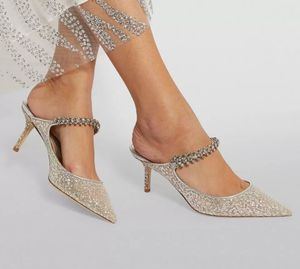Jimmynessity Choo Shoes JC Bing Mules Sliver Glitter-covered Leather Jewel-embellished Women's Sandals Slipper Twinkle-toed Charm Lady