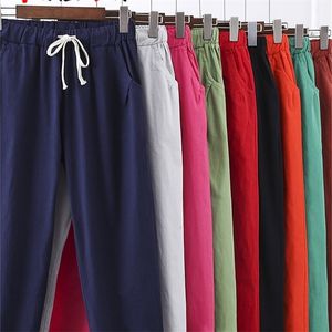Women Casual Long Ankle Length Trousers Summer Autumn Elastic Waist Soft High Quality Cotton Linen Pants SXXL 220812