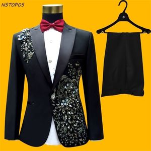 Faixa de trabalho pesado de terno masculino de miçangas de casamento trajes homme paillette terno de festa de festas dj figurino homme slim saixa 201106