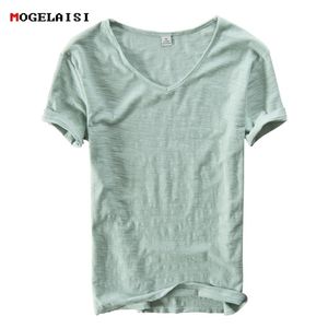 Summer Men linen cotton t shirt short sleeve Vneck breathable soft Loose Thin white tshirt men Asian size MXXXL 201 220608