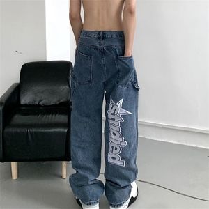 Autumn streetwear retro hiphop letter embroidery jeans loose straightleg pants wideleg pants for men and women couples 220718