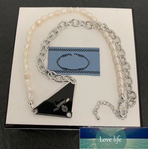 Classic Triangle Metal Label Pendant Beaded Pearl Necklace All-Match Sweet Cool Essential