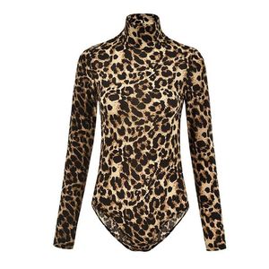 Kvinnors tvåbitar byxor sexiga kvinnor leopard tryck turtleneck långärmad skinny bodysuit jumpsuit romperwomen's