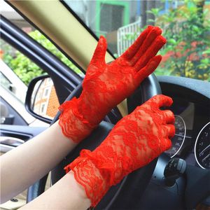Fünf-Finger-Handschuhe für Damen, Sommer, Spitze, kurz, zarte Blumen, dünn, hohe Elastizität, atmungsaktiv, Radfahren, Sonnenschutz, transparente Etikette