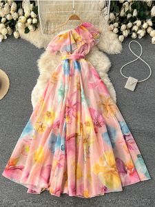 Yaz Elbise Bayanlar 'Bandaj Düzensiz Omuz Şifonu Çiçek Baskı Kayışları Bel Uzun Maxi Vestido D0960 220516