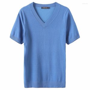 Ice Silk Fashion Casual Sweater Men's 2022 Summer V-neck Short Sleeve Thin Viscose Male Slim Bottoming Shirt 360