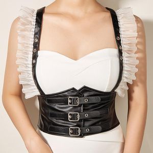 Bälten Kvinnors brett läder midjebälte svart steampunk underbust korsett topp elastisk stretch cinch midjeband för klänning med 3 spännbälten