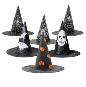 Adult Kids Witch Hat Pumpkin Spider Bat Web Skull Printed Wizard Hat Halloween Cosplay Costume Accessory Cap Party Decoration SN4558