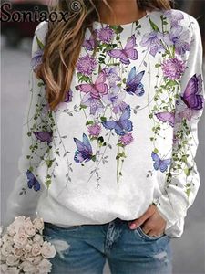 女性のパーカースウェットシャツ秋の女性蝶の花柄のスウェットシャツの女性o頸部長袖カジュアルルーズフーディーストリートウェアプルオーバートップ230206