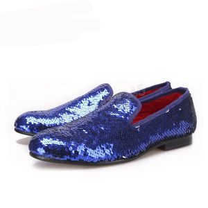 Luxury Evening Party Blue Sequined Dress Shoes Men's Handmade Loafers Wedding and Prom men smoking slippers big size male flats