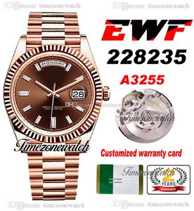 EWF DAYDATE A3255 Automatische Mens Horloge Rose Goud Gemarkeerd Bezel Bruin Baguette Diamond Dial President Armband Dezelfde seriële kaart Super timezonewatch H8