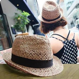 Enkel handarbete kvinnor sommar raffia halm sol hattar boho strand fedora hatt sunhat trilby män panama hatt gangster mössa