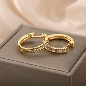 Hoop & Huggie Round Crystal Studs Earrings For Women Rhinestone Ear Stainless Steel Geometric Jewelry Circle Buckle Bijoux FemmeHoop