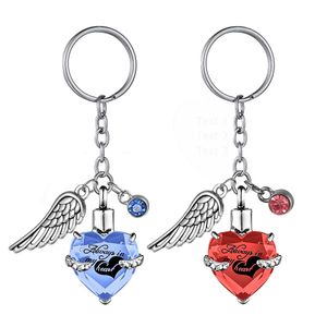 Heart Key Ring with Birthstone and Angel Wing Pendant KeyChain Cremation Urn for Ashes Jewelry to Men Women - Always in my heart