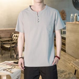Yasuguoji Summer masculino shortsleeeved algodão e linho casual camise