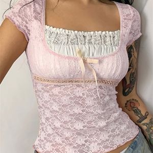 Rapcopter y2k Pink Trim Crop Top Bow Cute Sweet T Shirt Women Retro Short Sleeve Lace Patched Summer Tee Prepply Korean Tshirt 220408