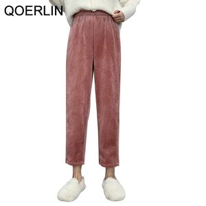 Qoerlin Winter Plus Velvet Apricot Straight Pants AnkleLength Harem Pants Elastic midja Hög midja Byxa Plus Size Pink Pants 210412